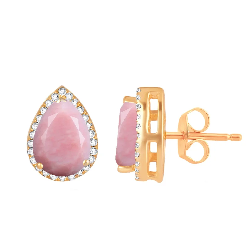 Gothic skull earrings-Natural Pink Opal and White Zircon Gold Over Sterling Silver Halo Stud Earrings