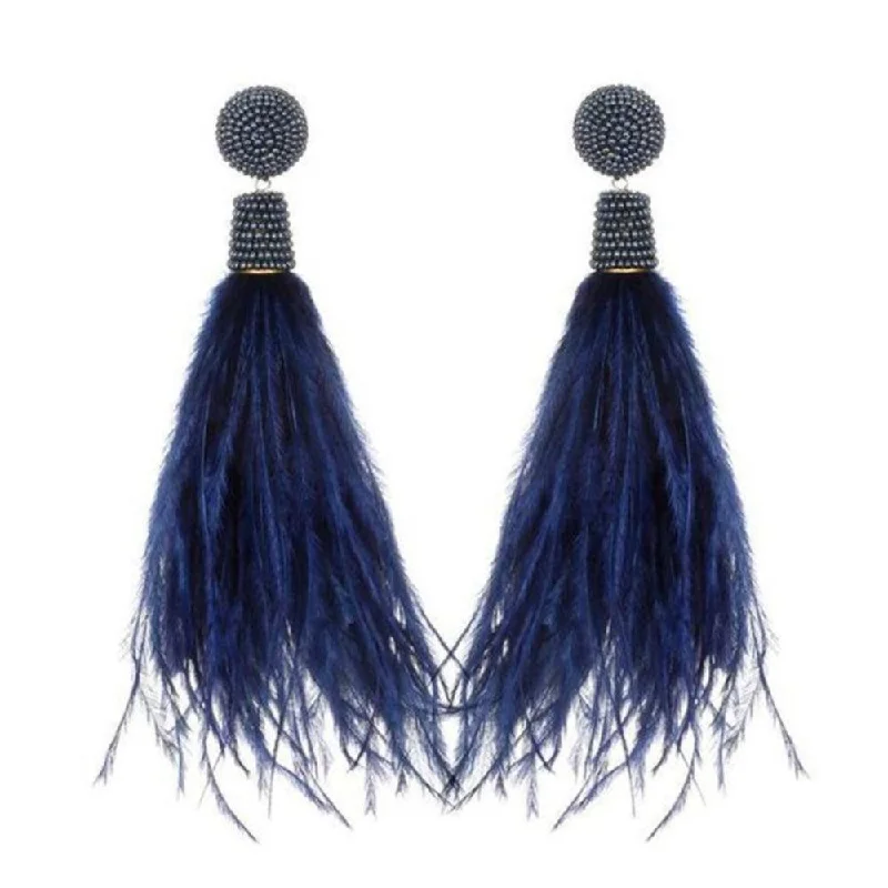 Twisted hoop earrings-Navy Feather Earrings