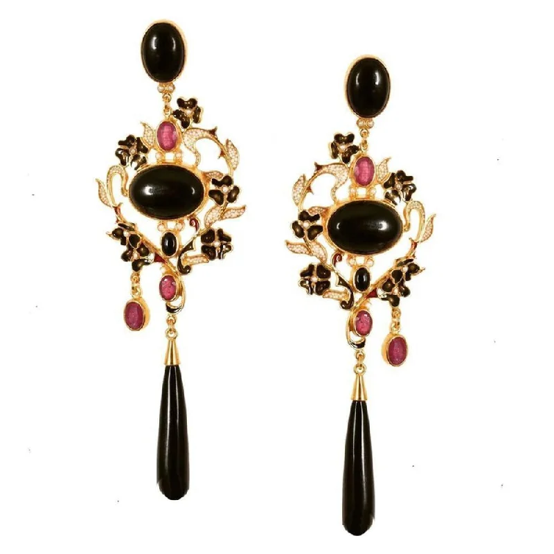 Elegant halo earrings-Onyx Ruby Drop Earrings