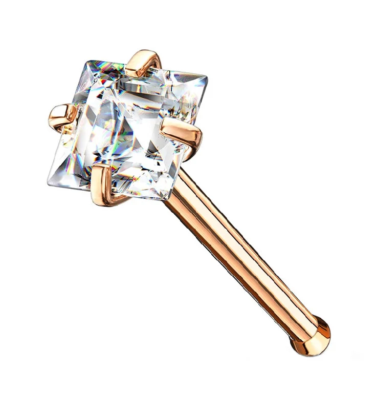 Wave pattern earrings-Rose Gold Square CZ Stainless Steel Nosebone