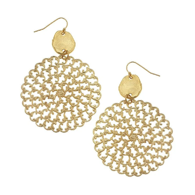 Bold zircon earrings-Round Filigree Statement Earrings in Gold