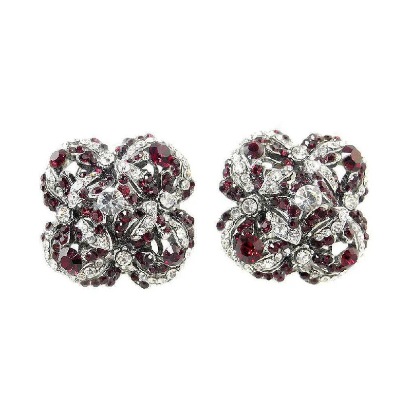 Matte finish earrings-Silver Crystal Floral Button Clip Earrings