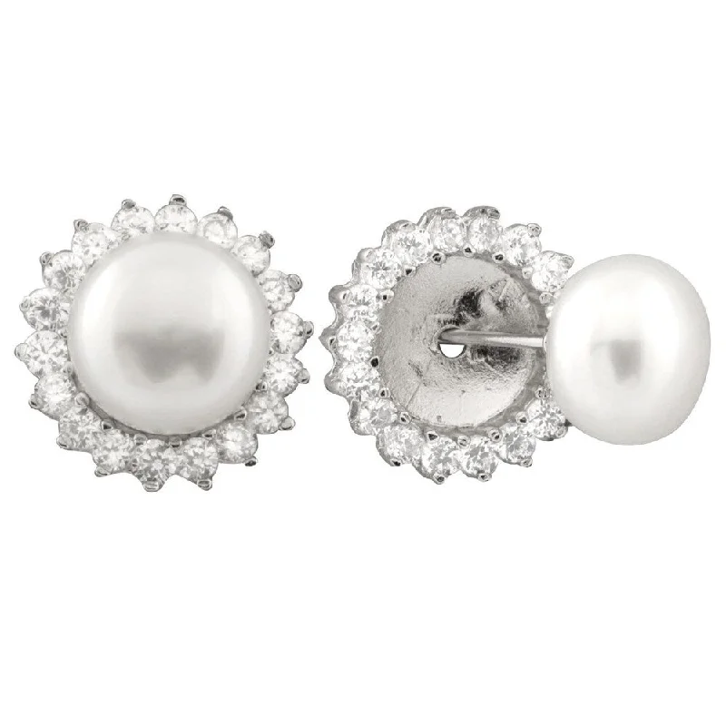 Serpent design earrings-Sterling Silver Freshwater Pearl and Cubic Zirconia Halo Stud Earrings (8-9mm)