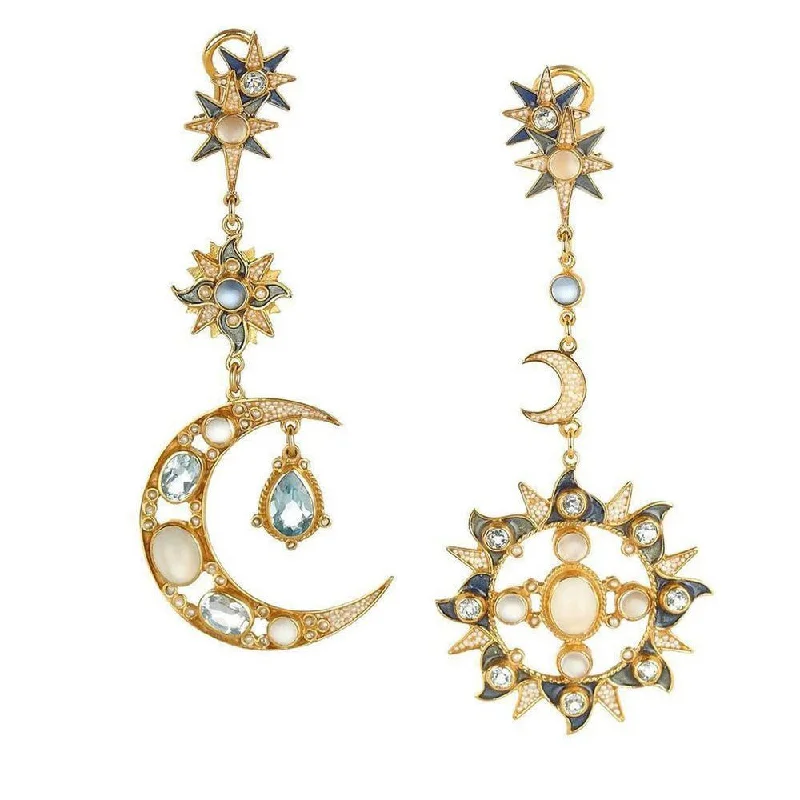 Twisted hoop earrings-Sun and Moon Earrings in Blue Topaz and Moonstone